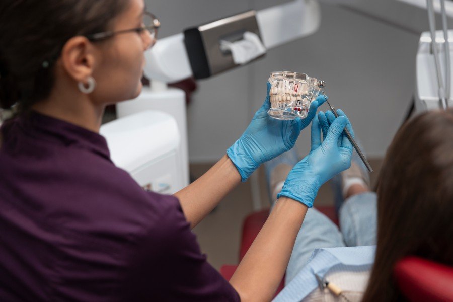 Orthodontist examining a dental model during a patient consultation in Agra