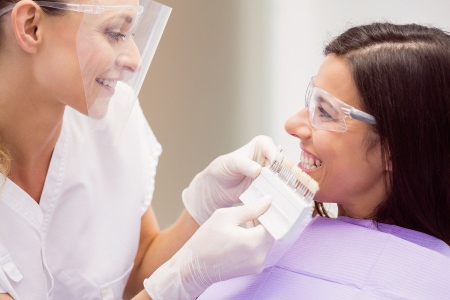 Dentist selecting a tooth shade for a patient considering dental veneers